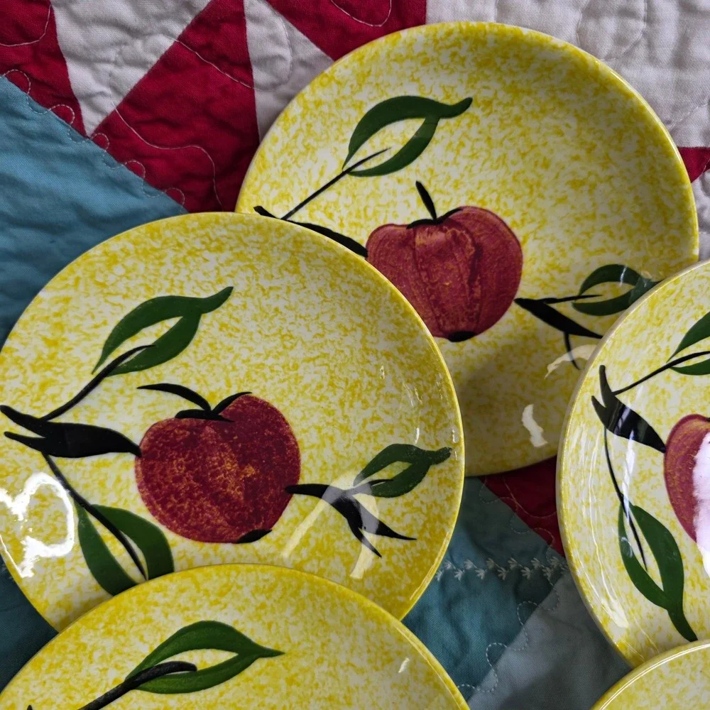 Vintage Mid Century Modern Apple Pattern Yellow Speckled Ceramic Small Plates x8